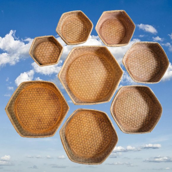 Vintage 8pc Hexagonal Nesting Baskets Wall Decor Boho Cane Bamboo